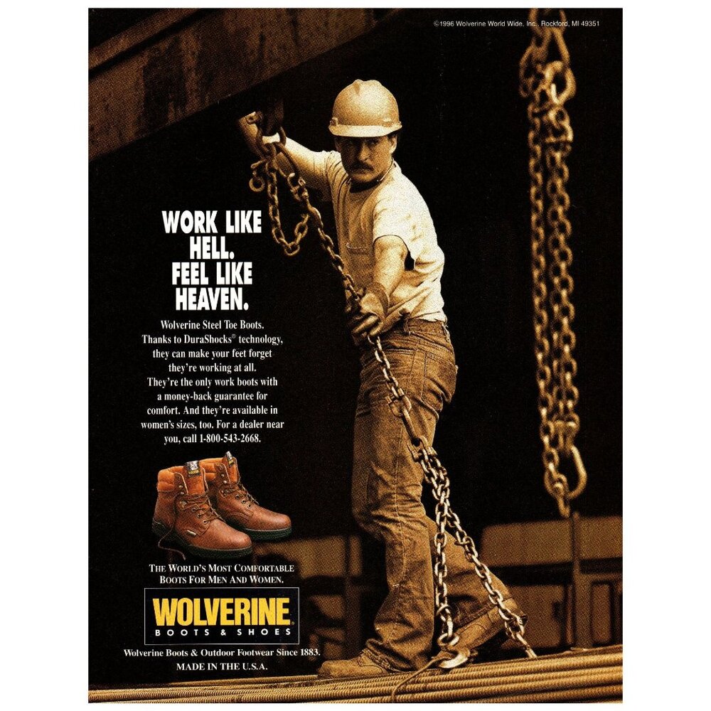 1996 Wolverine Work Boots Vintage Print Ad Construction Worker Hoist Wall Art